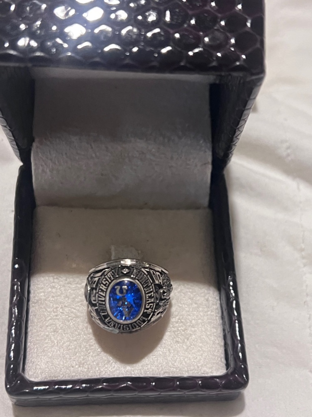Rare 10K White Gold NorthEast Louisiana BYU University Ring Blue Stone Original